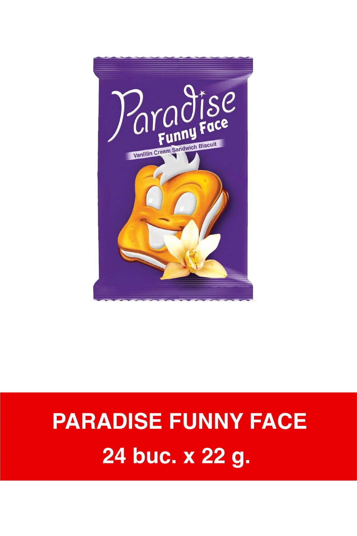 PARADISE - FUNNY FACE, sandviș cu biscuiți cu cremă de vanilie 22g x 24