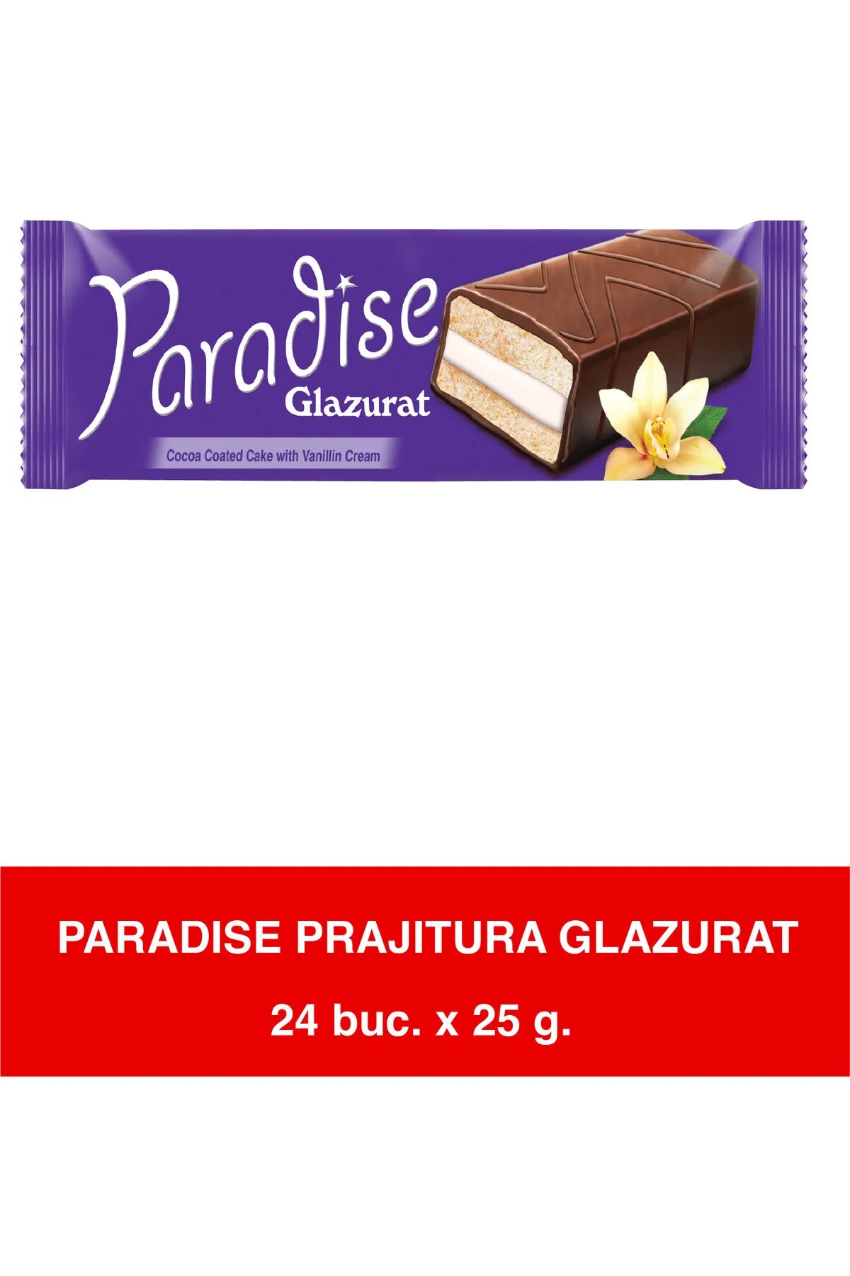 Paradise Prajitura Glazurat – Prăjitură cu cremă de vanilină și glazură de cacao – 25g x 24