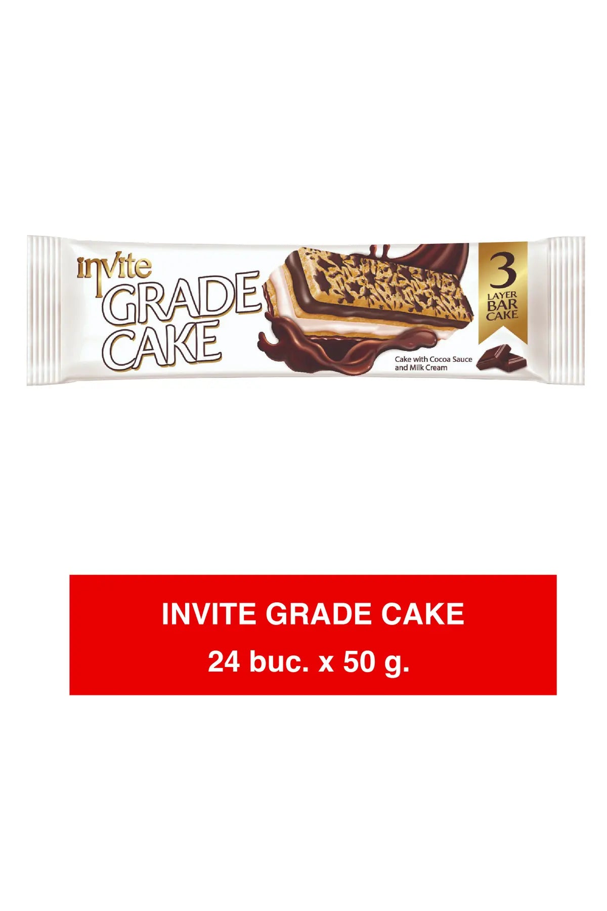 INVITE GRADE CAKE – Tort cu 3 straturi cu glazură de cacao, cremă de lapte și sos de cacao 24x50g