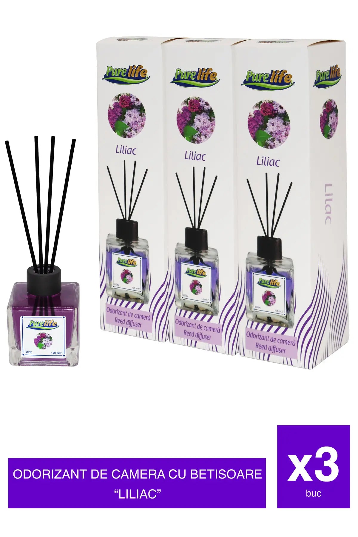 Set de 3 odorizante de cameră cu bețișoare – Liliac – 120 ml