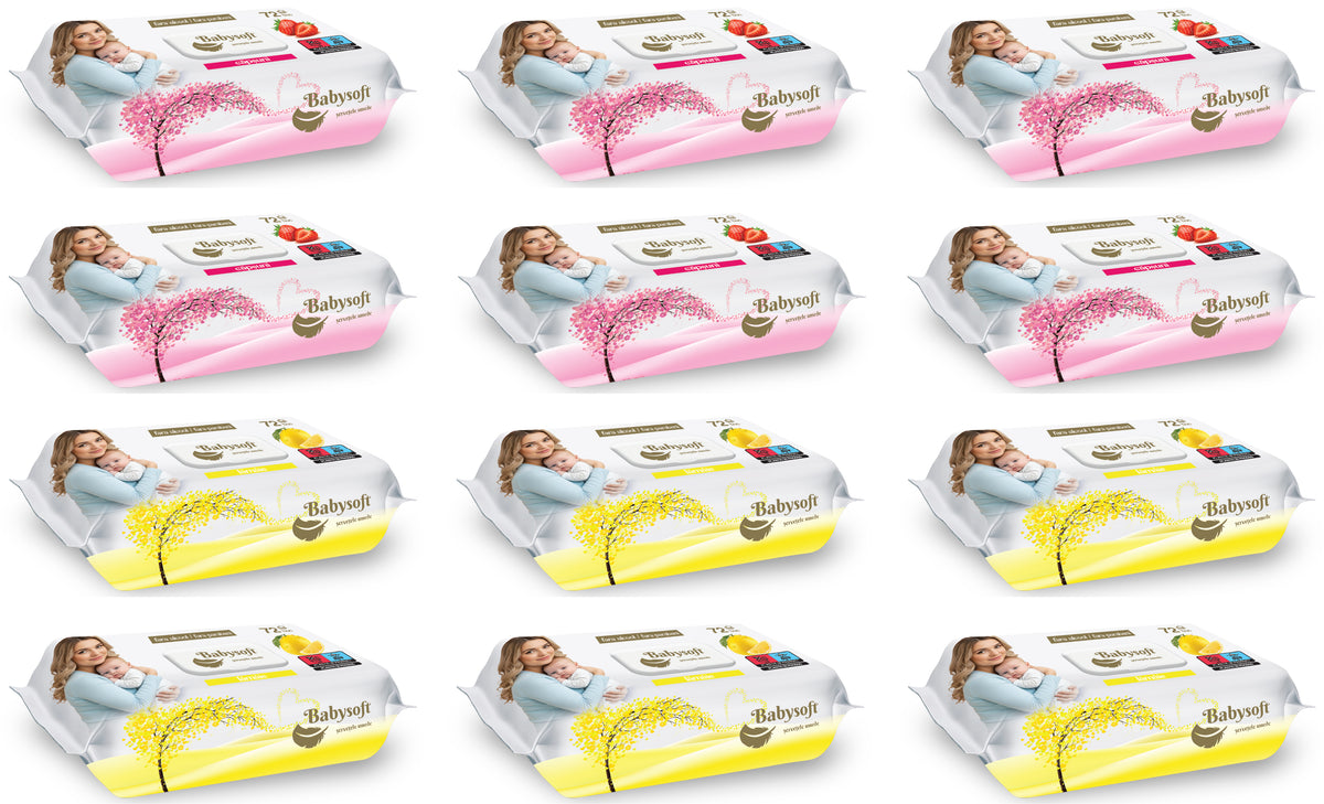 Babysoft Șervețele umede, cutie asortată, 6 cu căpșuni și 6 cu lămâie, 72 bucăți x 12 pachete