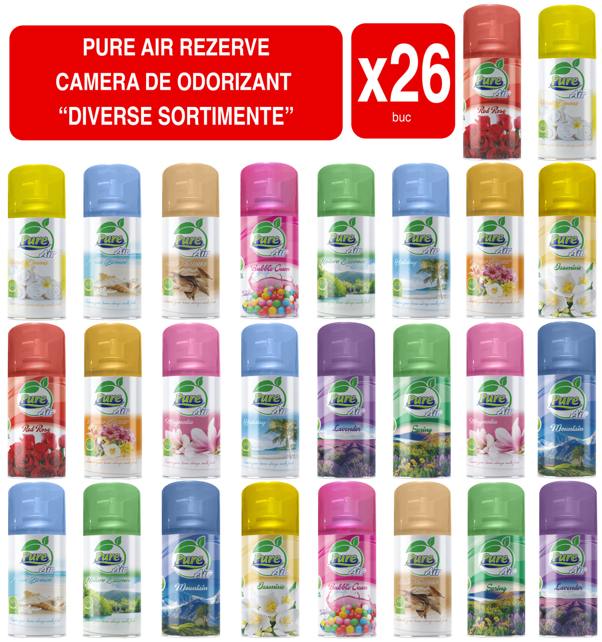 Pure Air – Automatic Air Freshener Refills, 210 ml, Assorted Scents – Set of 26