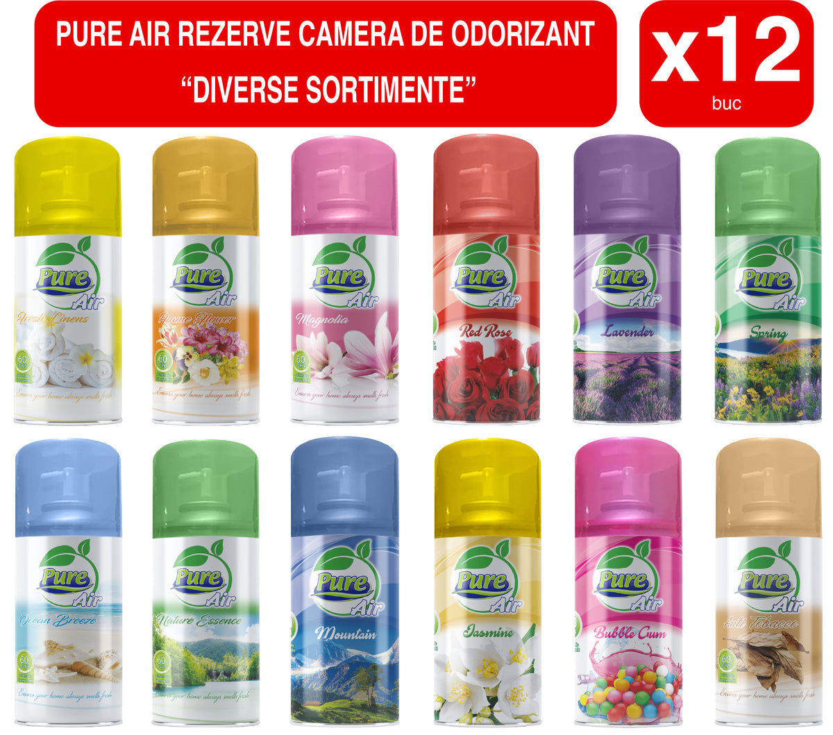 Pure Air Set of 12 x Room Air Freshener Refills, 210 ml, Assorted Fragrances