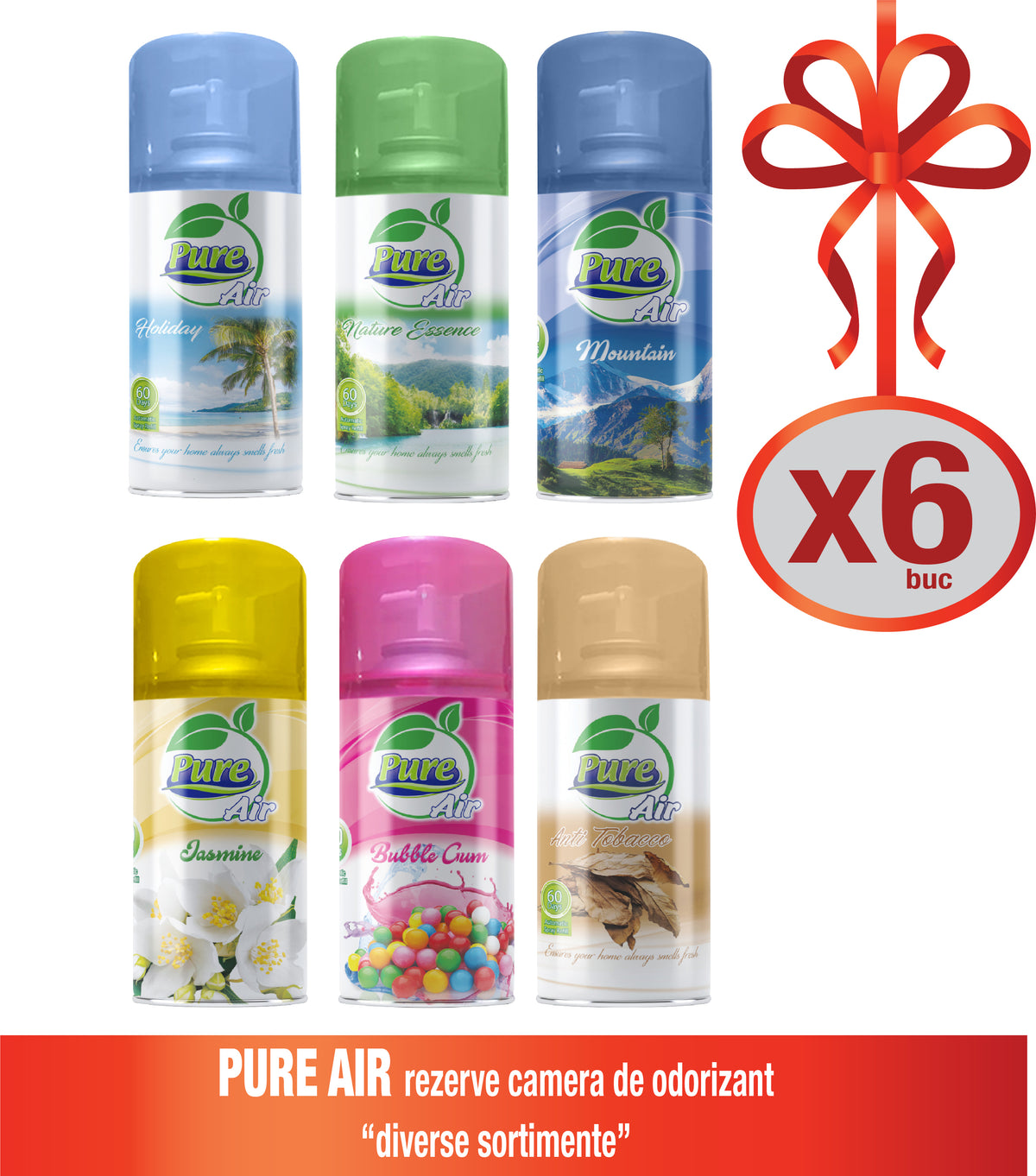 Pure air 6 x 210 ml Room Spray Set - Holiday, Nature essence, Mountain, Jasmine, Bubble gum, Anti tobacco