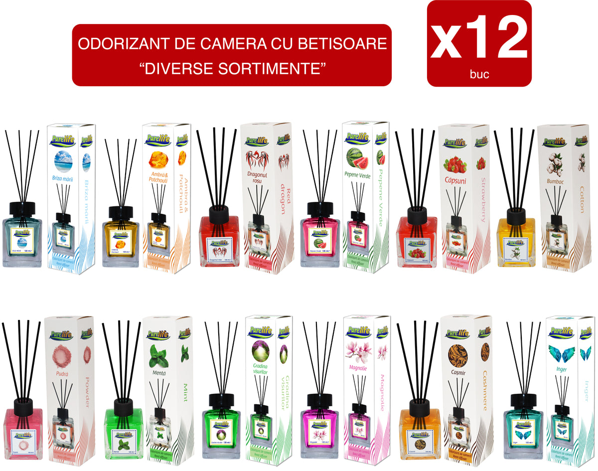 PureLife – Set 12 Odorizante de Cameră cu Bețișoare, Diverse Arome – 120 ml x 12 Bucăți