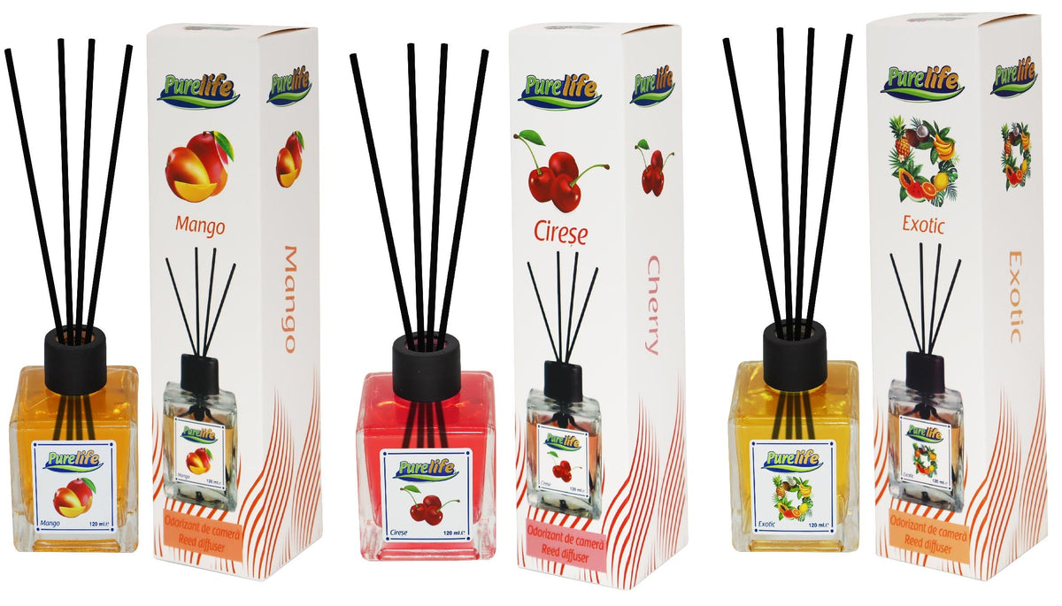 PureLife Odorizant de camera cu betisoare PureLife – 120 ml, Set 3 arome (Mango, Exotic, Cirese)