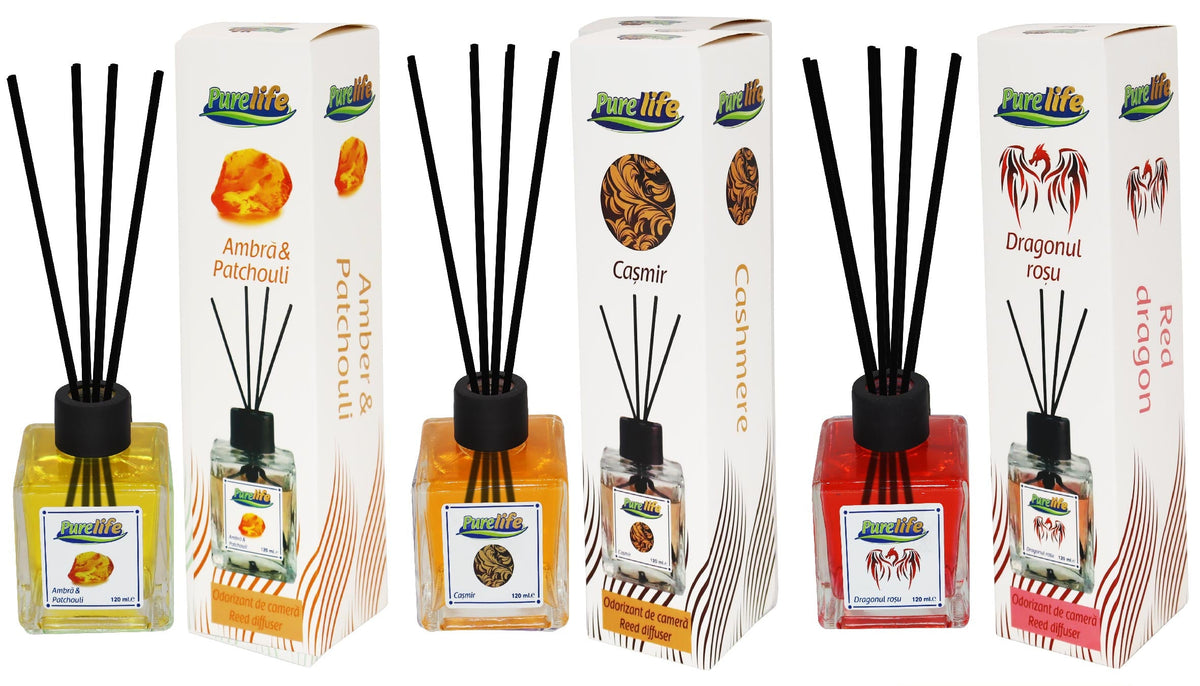 PureLife Odorizant de camera cu betisoare PureLife – 120 ml, Set 3 arome (Ambra, Dragonul Roșu, Cașmir)