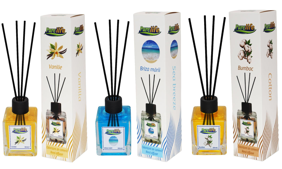 PureLife Odorizant de camera cu betisoare PureLife – 120 ml, Set 3 arome (Bumbac, Vanilie, Briza marii)