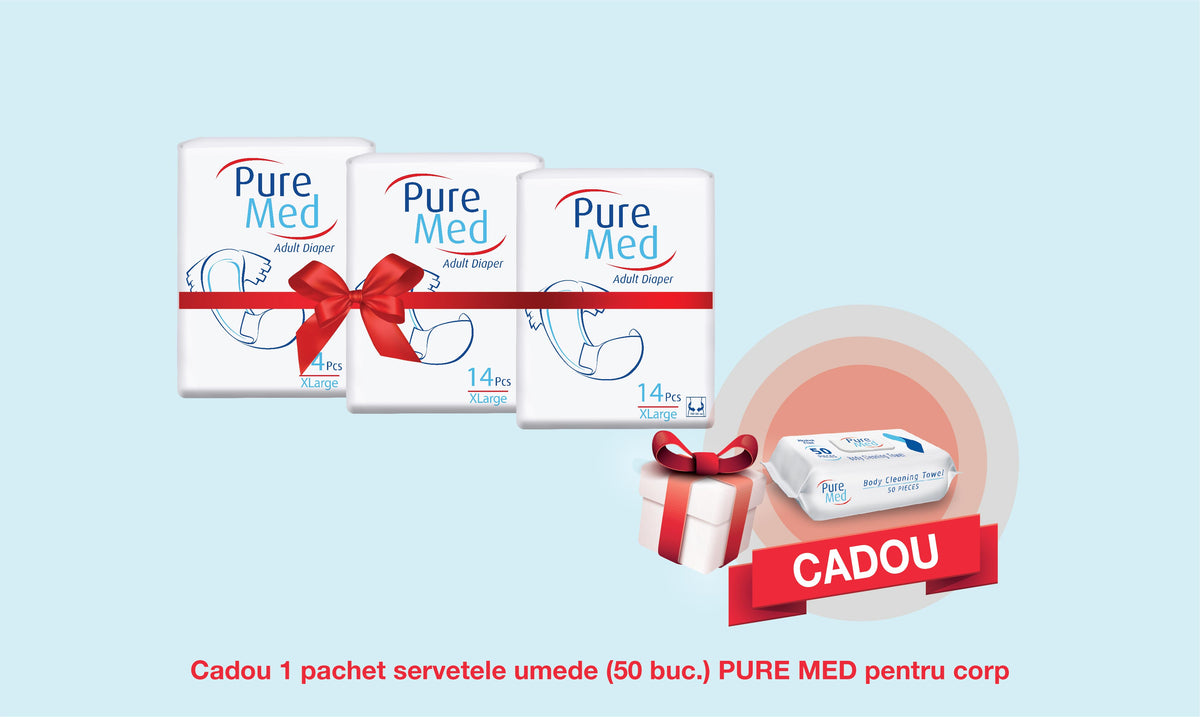 Pachet Promo: 3x PURE MED Scutece incontinenta adulti 14 buc (XLarge) + CADOU Servetele Umede Pure MED (50 buc.)