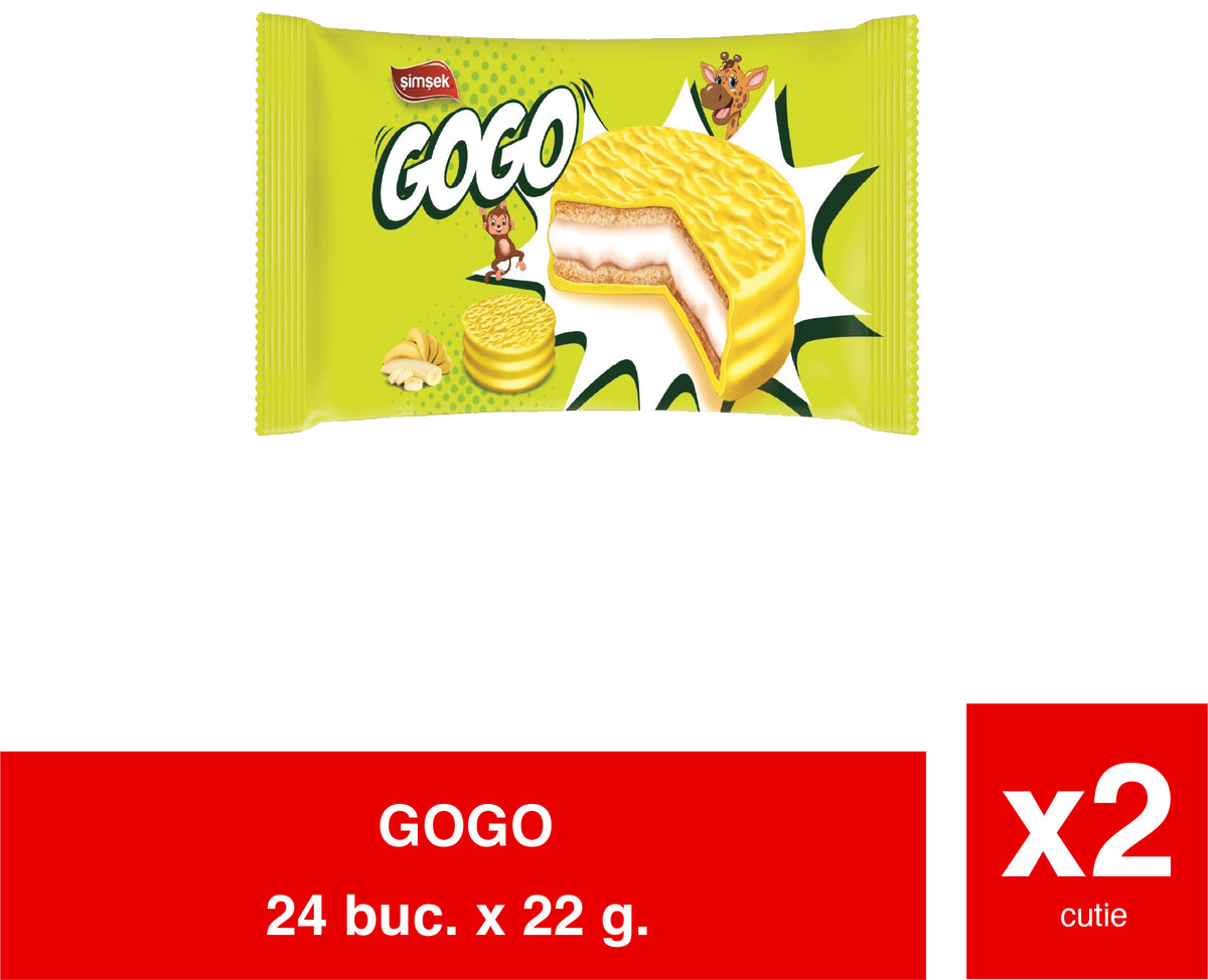 GOGO - Biscuiti sandwich cu glazura de banane si crema mashmallow 22g x24