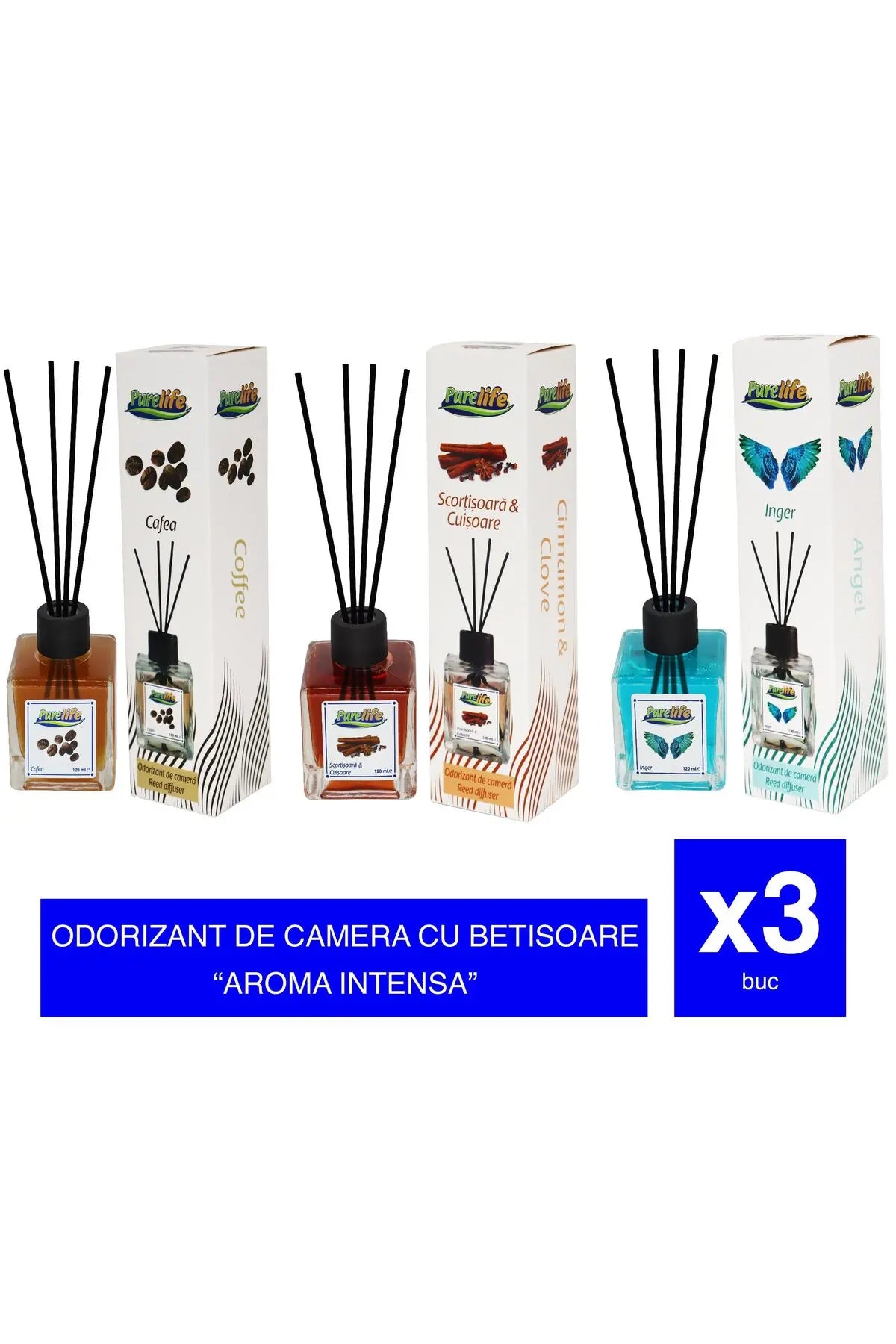 Odorizant de cameră cu bețișoare – 120 ml, Set de 3 arome (Scorțișoară, Cafea, Angel)