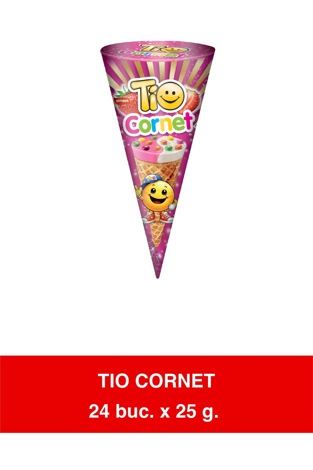 Tio Cornet Strawberry – Cornete de napolitană cu aromă de căpșuni și drajeuri – 25g x 24 bucăți Cutie display